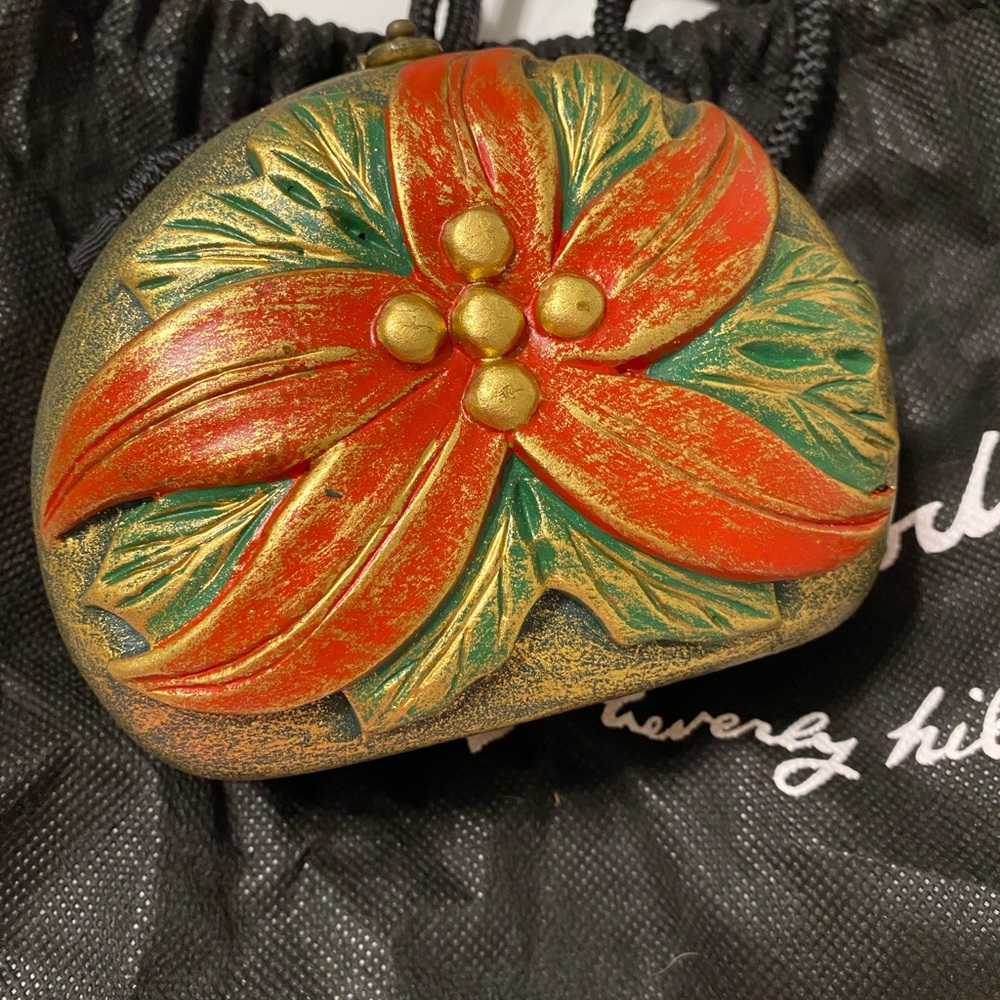 Timmy Woods 'Pointsettia' Acacia Wood Art Purse/Minaudiere W/Dust Cover